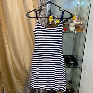 Blue and white stripe dress with ruffles